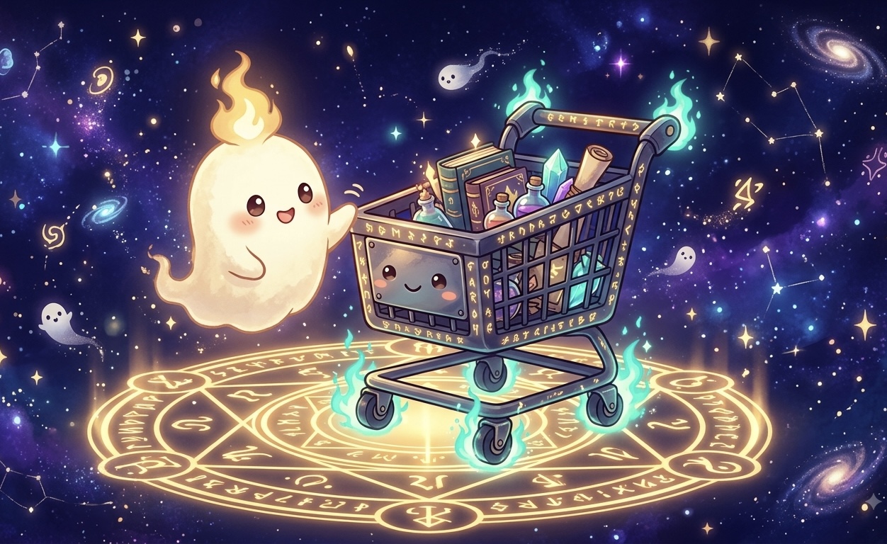 Rei the Wisp beside a rune cart on a summoning circle